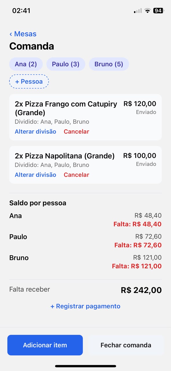 Comanda com saldo por pessoa e falta receber
