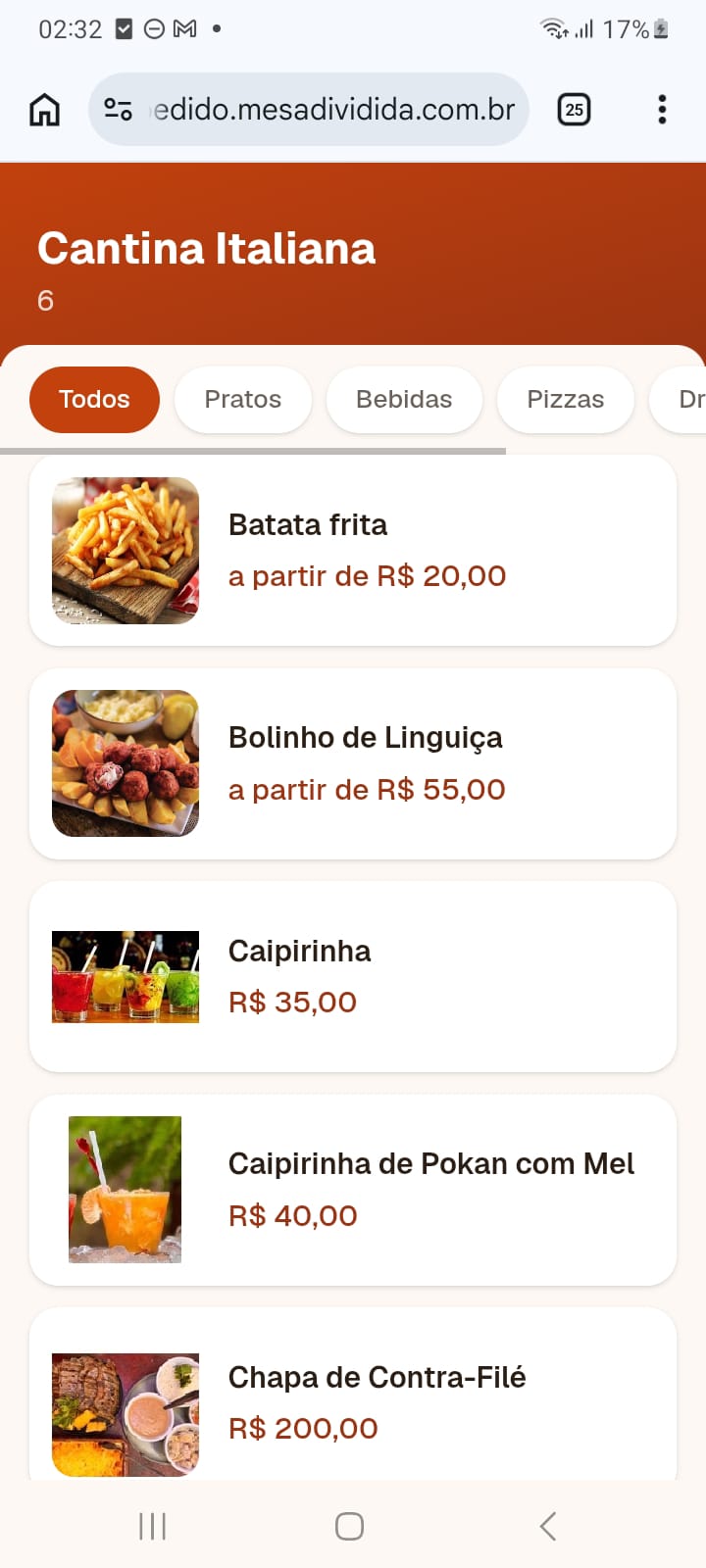 Cardápio do cliente pelo QR Code da mesa